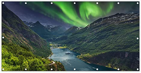 MuchoWow® Balkon Sichtschutz Sichtschutzmatte Balkonbanner Abdeckung für Terrasse Balkon Windschutz Blickdicht Wetterfest 200x110 cm Nordlichter - Berg - Boot - Norwegen