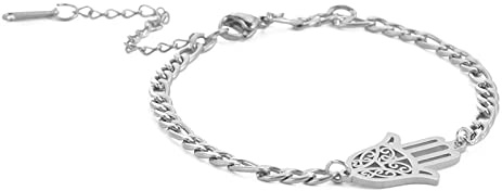 Bracelet for Women Men-Hamsa Hand of Fatima Silver-Evil Eye Protection Bracelets Dainty Chain Link Adjustable Bracelet Charm Spiritual Jewelry Gift, Stainless Steel, no gemstone