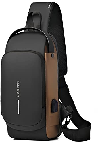Geanbun axelväska för män stöldsäker USB crossbody ryggsäck vattentät bröstväska, Brun, Small, Mode