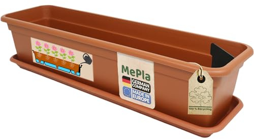 MePla – Balkonglåda Balcony med bevattning 60 cm + underlägg – Terra – blomkruka – växtlåda av väderbeständig UV-resistent plast