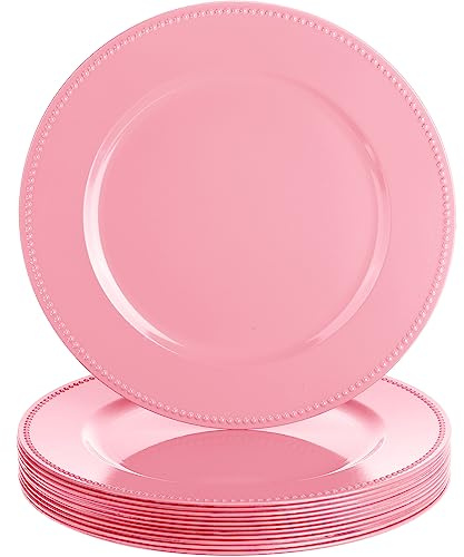 Gerrii 12 Pcs Metallic Bead Charger Plates 13 Inch Plastic Round Plates Bulk Wedding Beaded Chargers for Table Party Event Decoration(Pink,Beaded)