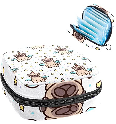 Damen-Damenbinden Pads Handtasche Damen Menstruationstasse Tasche Mädchen Tragbare Tampon Aufbewahrungstasche Niedlicher Mops Hund Einhorn Sterne Flügel Muster Periodenbeutel mit Reißverschluss