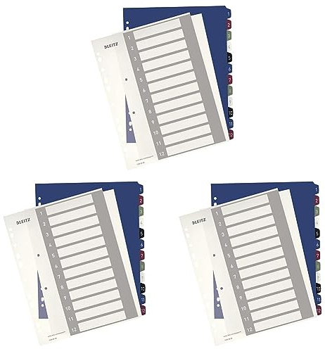 Leitz Register für A4, PC-beschriftbares Deckblatt und 12 Trennblätter, Taben mit Zahlenaufdruck 1-12, Überbreite, Weiß/Mehrfarbig, PP, Style, 12380000 (Packung mit 3)