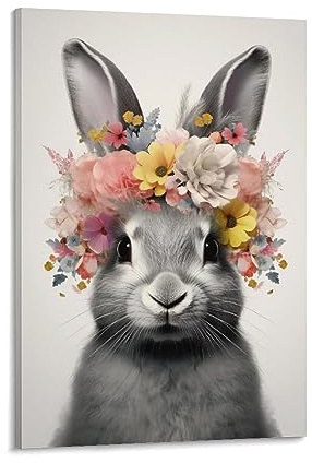 Lively Rabbit Leinwand Wandkunst für Schlafzimmer Mehrfarbige Blumen Grau Tier Vintage Wanddekoration Poster für Zimmer Ästhetisch