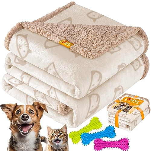Lovpet® wasserdichte Hundedecke, Fleece Haustier Decke Katzendecke + 3X Kauknochen, für kleine und mittelgroße Hunde, Katzen, 127 x 101 cm, L, Handwäsche, beidseitiger Sofabezug-Schutz Beige