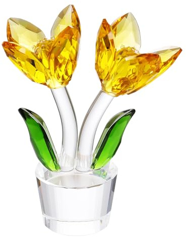 YWHL Handmade Yellow Crystal Tulips Flower Figurine Decor, Beautiful Glass Flower Gifts for Women, Tulip Collectible Statue with Base for Table Centerpiece, Birthday Ideas (Yellow)