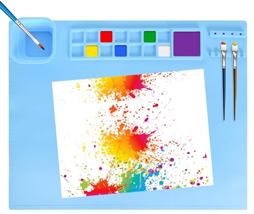 Silikon Malmatte, Silikon Bastelmatte Blau 51 x 40,6 cm, rutschfeste Malunterlage mit Becher, Hitzebeständige Antihafte Silikon Unterlage für DIY Basteln Malen Epoxidharz