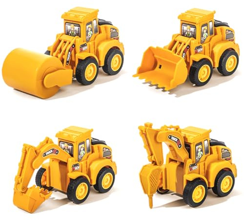 O-Kinee Baustellenfahrzeuge Kinder, 4 Stück Spielzeugautos Baustelle, LKW Bagger Spielzeug, Bagger Sandspielzeug, Baufahrzeuge Kuchendeko Geschenke für Geburtstag Junge Mädchen 2 3 4 5 6 7 8 Jahre