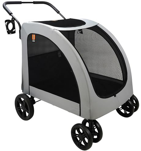 MY DUQUE - Carrello per cani Chester - Passeggino per cani di grossa taglia, passeggino per gatti, spazioso, trolley comodo, comprensivo di parapioggia, portabevande, carico max 50 kg, colore grigio