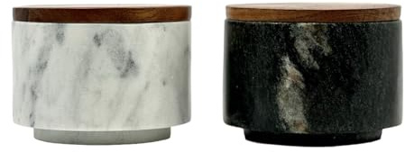Savvy Salt Källare i öst marmor med pepparkällare, stapelbar, stor svart/grå och vit salt- och pepparhållare duo med lufttäta toppar, platsbesparande flerfunktionell kryddnypkrukor, marmor, saltgrisar
