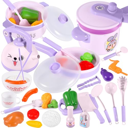 AQXONG Küchenzubehör für Kinder, Koch Rollen Spielspielzeug, Küchenspielzeug Mit Töpfen und Pfannen, Backspielzeugset für Jungen und Mädchen Ab 3 Jahren Geeignet - 31 Stück