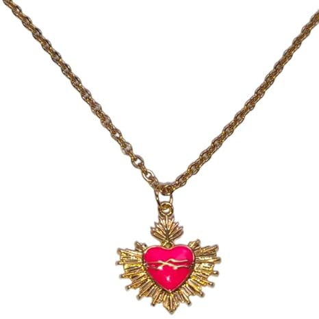 Collana Con Ciondolo Cuore Sacro Smaltato con Raggi Idea Originale per Regalo Natale Compleanno Festa Della Mamma,Fatto a Mano, Gioielli Donna Con Raggi (Fucsia)