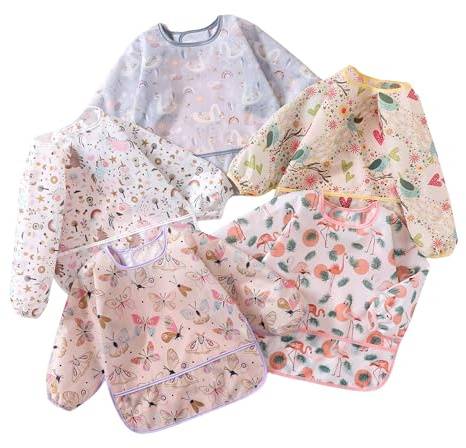 YeeLauf Sleeved Bib,5 Pack,Waterproof Shirt Bibs for Baby 3-24 Months Wipe Clean