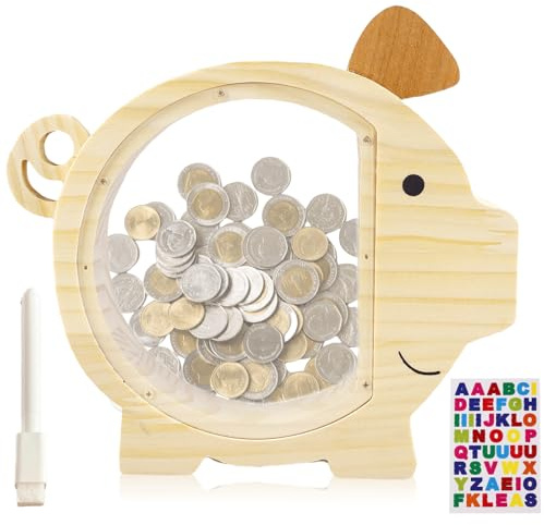 Spardose Kinder, Schweinchen-Sparschwein, abnehmbare Spardose für Kinder, personalisierte Spardose, Kreative groß Sparschwein, Sparbüchse Münze als Geschenke für Jungen Mädchen Geburtstag(Naturholz)