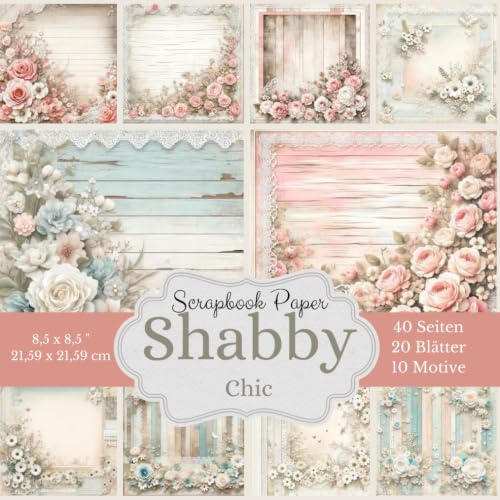 Scrapbook Papier Kollektion: Shabby Chic Rosen auf Holz: Bastelpapier mit Vintage-Charme. Ideal für Scrapbooking, Collagen, Junk Journals, ... Rückseite Unifarben in passenden Farben