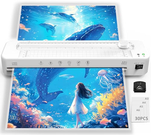Crenova A3 Laminiergerät, Laminiergerät mit 30 Laminierfolien für A3/A4/A5/A6, Laminiermaschine mit Papierschneider und Eckrunde, Heiß und Kalt Laminiergerat Set für Büro,Zuhause,Schule