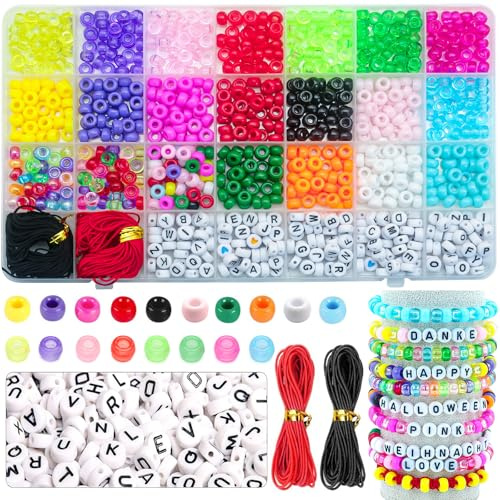 940-teiliges Ponyperlen-Set, 18 Farben mit Buchstabenperlen, 7 × 4 mm | Großes Loch, 2 × 10 m Kordel und 28-Fächer-Box für Namensarmbänder und persönliche Botschaften