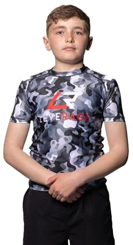 Leverage Kids BJJ MMA Rash Guard - Jiujitsu, NoGi, Swimming Shirt, Diving Top, Rashvest, Boys Gift (UK, Age, 9 Years, 12 Years, Regular, Greyscale Camo)