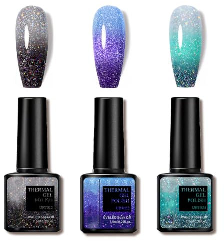 Colour Changing Gel Nail Polish, gel nail polish with Thermal Temperature Color Changing Diamond Glitter Reflective nail Long Lasting Glossy for DIY Nail Art Manicure at Home Salon (3PCS)