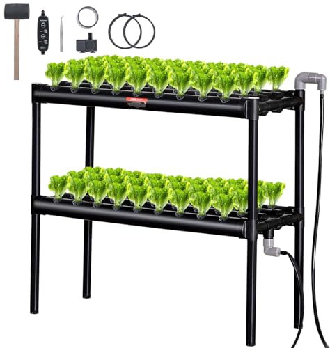 VEVOR Système de Culture hydroponique, 2 Couches, kit de Culture hydroponique, 72 Sites, avec tuyaux PVC Gris foncé, Pompe à Eau, minuterie, paniers, éponges, Plantation pour Fruits, légumes, Herbes