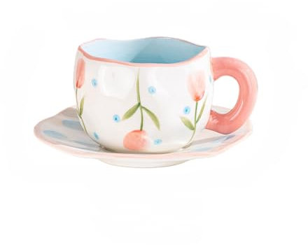 zouxangzz Jolie tasse à café pincée à la main pour fille - Tasse et soucoupe en céramique - Peintes à la main - Pour petit déjeuner - Tulipe rose - Tasse et soucoupe