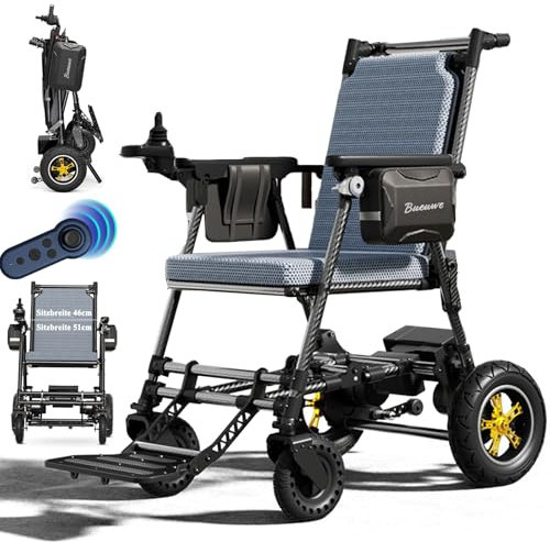 Bueuwe Leichter Elektrorollstuhl aus Kohlefaser,14,5 kg, bis 150 kg Tragkraft, 400W Motor, faltbar, stabil, mit Fernbedienung und Stoßdämpfung für Senioren und mobilitätseingeschränkte Personen,51cm