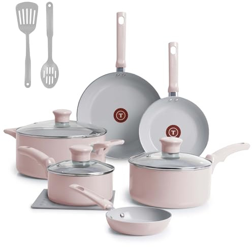 T-fal Refresh Ceramic Ceramic Non Stick Jumbo Cooker w/Lid 5 Quart Oven Broiler Safe 350F Dusty Rose