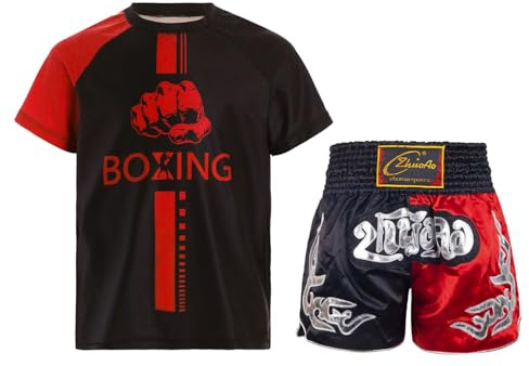 Runhomal Barn pojkar boxningsshorts MMA kickboxning kampsport träning tävling sportset 5–16 år, svart röd , 5-6 �r