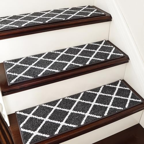 COSY HOMEER 15 Stück Treppenstufen Matten, 70 x 22cm Anti Rutsch Stufenmatten Selbstklebend, Maschinenwaschbar, 100% Polyester, TPE-Rücken, Ideal für Kinder, Senioren und Haustiere, Schwarz Weiß