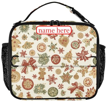 Bolsa de almuerzo personalizada de Navidad con múltiples pan de jengibre y lazo, resistente al agua, para mujer, con correa ajustable para el hombro, para la escuela y viajes, patrón de acuarela
