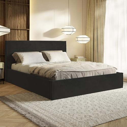 MOTIVENA Boho Bett 120x200 Schwarz Samt, mit Stauraum, mit Kopfteil, mit Lattenrost, ohne Füße, ohne Matratze, Polsterbett 120x200 mit Bettkasten Schwarz