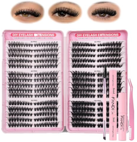 Kit de 540 faux cils individuels russes de 8 à 16 mm avec colle à cils et dissolvants de colle, pince à épiler et brosse à faire soi-même à la maison pour débutant (A02)