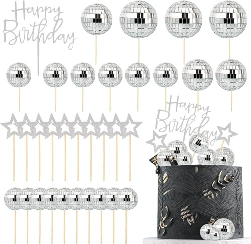 33Pcs Disco Ball Cake Toppers, Happy Birthday Cupcake Picks 1970s Disco Theme Decorations for 70s Disco Birthday Party Favor