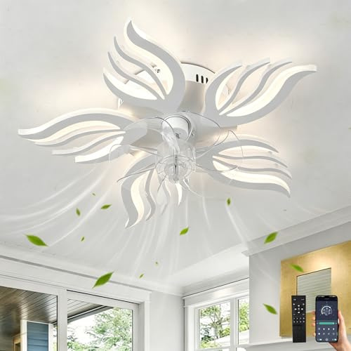 GWYAJTU Schlafzimmer Deckenventilator Licht Mit Fernbedienung APP,LED Dimmbar Lampe Mit Ventilator Mit Memory Funktion,6 Gang Reversibel Blume Ventilator Mit Licht Mit Timer Für Wohnzimmer, Weiß