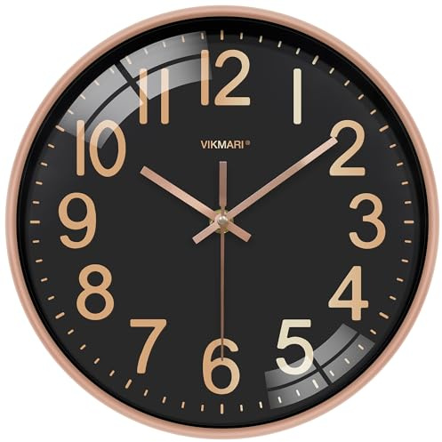 VIKMARI Horloge Murale 30 cm Noir et Doré Design Silencieuse | Grand cadran lisible, verre trempé et cadre ABS pour chambre et bureau.