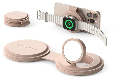 SATECHI OntheGo™ 2-in-1 Foldable Qi2 15 W Wireless Charger, Desert Rose | 15 W for iPhone, 5 W for Apple Watch and AirPods, compact travel design, compatible with iPhone 12–17 series