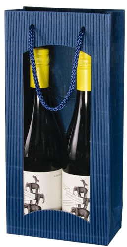 5x Wein Geschenktüte für 2 Flaschen, Blau, hochwertiger Wellkarton mit Sichtfenster & Tragekordel (Blau)