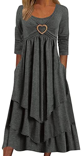 Robe Boheme Femme Manches Longues- Robe Longue Col Rond Irrégulier Plissée Volants Décontracté Couleur Unie Coupe Ample Chic Et Élégants Swing Ourlet Fluide Confortable Doux Tempérament Dress