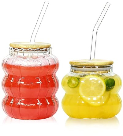 Ausune Glass Coffee Mugs, Two size of 410ML/650ML Ribbed Glass Cups with Lids and Straws – Unique Glasses for Iced Coffee,Mini Cute Ripple Shaped Vintage Ribbed Glassware - Cocktail, Water, Soda, Juic