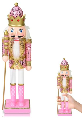 Pink Nutcracker Soldier Ornaments Christmas Decorations, 14 Inch christmas nutcracker figures large, Traditional Painted Wooden Doll,Nutcracker Soldier Puppet Doll for Fireplace Xmas Gift Indoor Decor