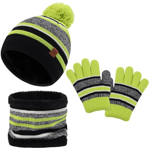 LACOFIA 3 Pezzi Set di Cappello Sciarpa Guanti Invernali per Bambini Beanie Maglia con Pompon Cappello Pile Termico per Bambini 2-7 Anni, Verde, 2-7 años