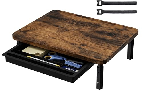 ETHU Monitorständer Holz, 3-Fach Höhenverstellbar Monitor Stand Riser mit Schublade 37,5x28,5cm, Belastbar bis 25kg, Ergonomischer Computer-Ständer für Home-Office Büro, Walnuss