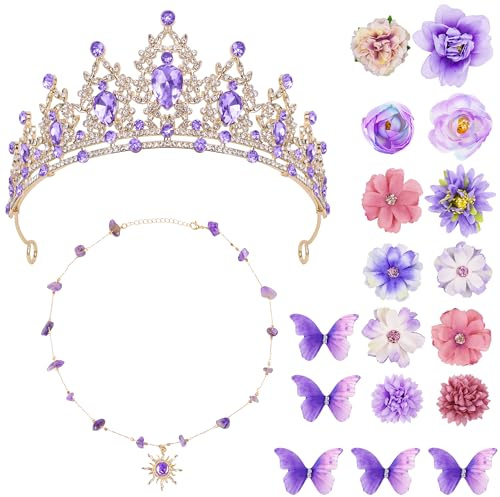 Orgoue Prinzessin Kostüme Zubehör Set, Haarschmuck Mit Lila Diademe Krone Sonnenkette Blumen-Schmetterlings-Haarnadel Für Frauen Für Halloween Karneval Und Cosplay (19 Stück)