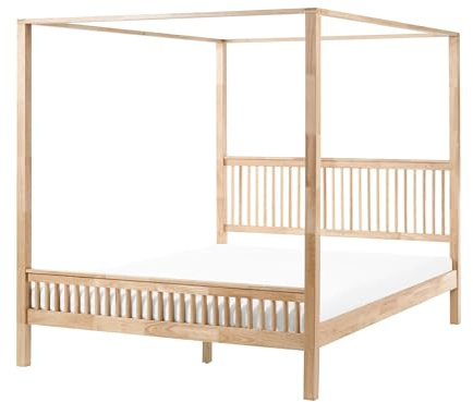 Beliani Cama con Dosel Minimalista somier de Madera de Caucho y Listones marrón Claro 180 x 200 cm Harfleur