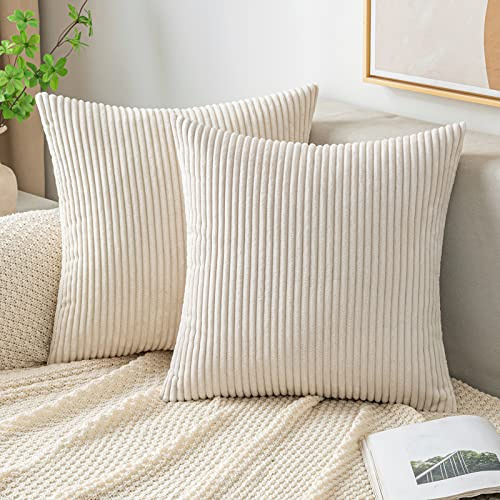 EMEMA Kissenbezug 60x60 cm Kordsamt Kissenbezüge Dekokissen Sofakissen Cord Kissenhülle Zierkissenbezug Kord Dekorative Weiche für Sofa Wohnzimmer Schlafzimmer 2er Set Beige