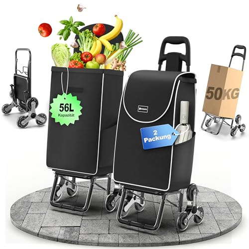 Einkaufswagen Klappbar 56L, Einkaufstrolley Treppensteiger, Trolly Einkaufswagen Klappbar, Hackenporsche mit 6 Räder, Wasserdicht, Bis 50 kg Traglast, faltbar & abnehmbar (Schwarz, 2 Stück)