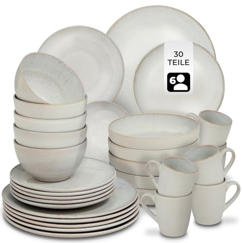 tectake® Vajilla Completa para 6 Personas, Diseño Marítimo, Aptas para Lavavajillas y Microondas, Platos Vajilla, Cuencos y Tazas de Cafe, Vajillas Completas Modernas - 30 Piezas Arena
