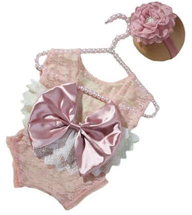 Newborns Photography Outfit Set Photoshoots Props Including Bowknot Romper and Matching Headband for Baby Girls Newborns Photography Outfit