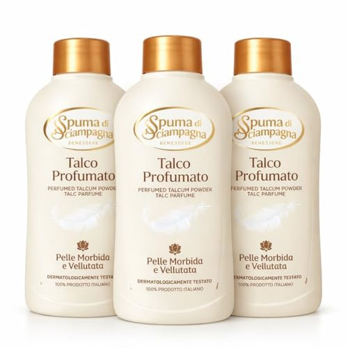 Talco Profumato Spuma di Sciampagna 200g – Set 3 Pezzi – Talco Corpo Assorbente Pelle Morbida e Vellutata, Profumo Delicato Lunga Durata, Dermatologicamente Testato, Ideale Dopo Doccia