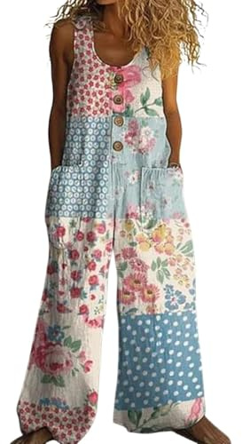 Jumpsuits for Women Uk Casual Summer Outfits Loose Baggy Dungarees Sleeveless Wide Leg Overalls with Pockets Floral Printed Button Front Playsuit Elegant Maternity Rompers Holiday Beach Wear
